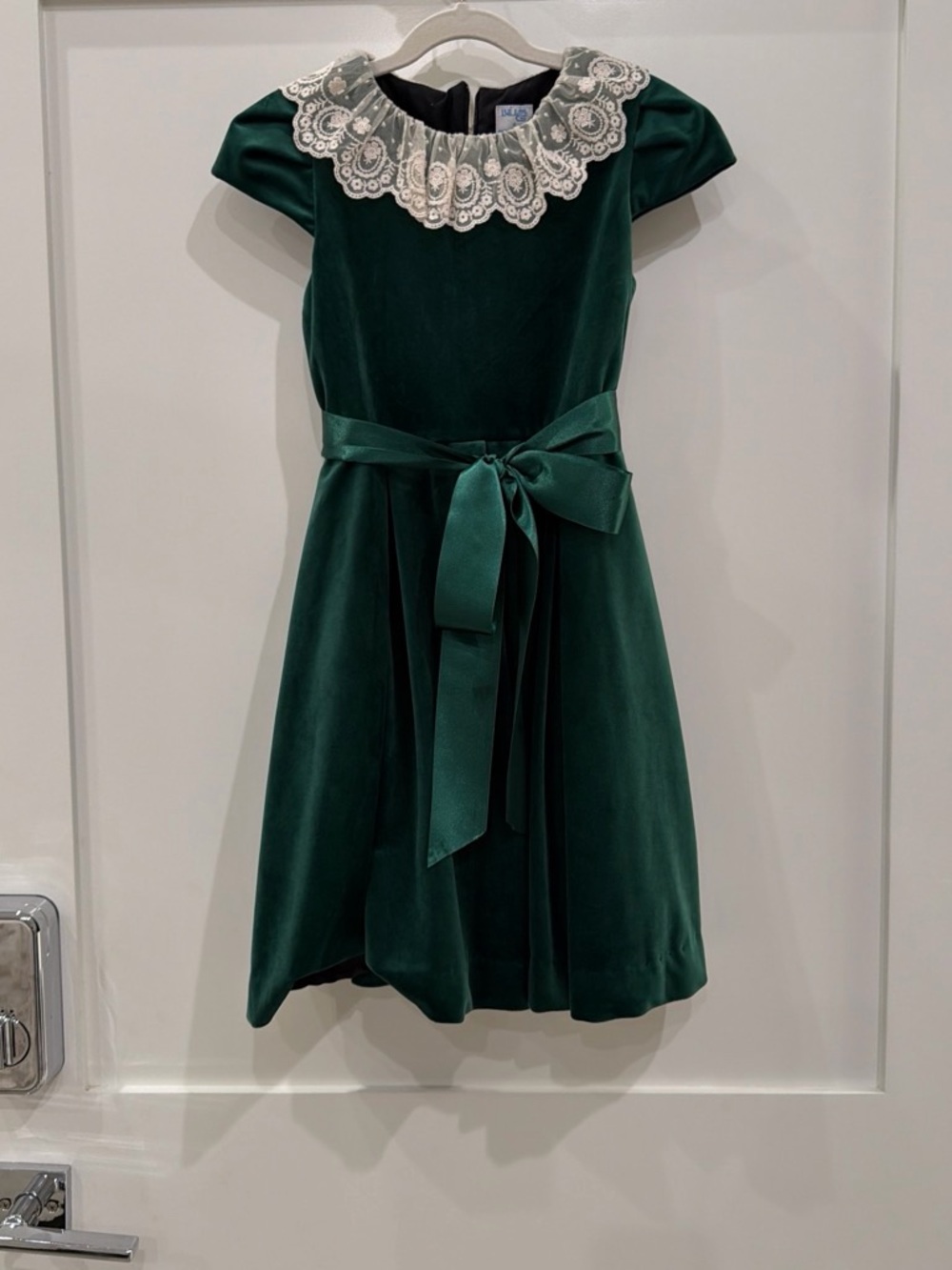 Luli & Me Dark Green Velvet Dress with Lace Collar